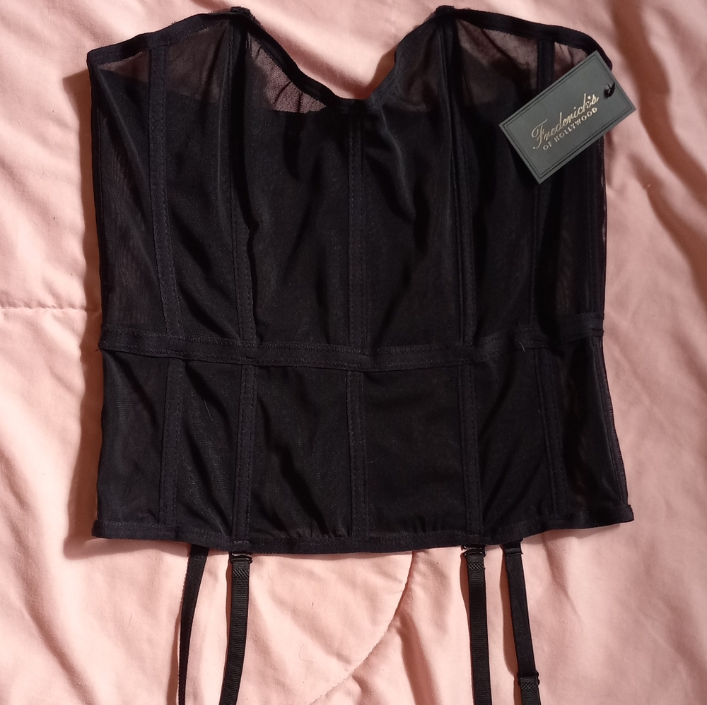 NWT Frederick's of Hollywood black sheer corset with attached garters